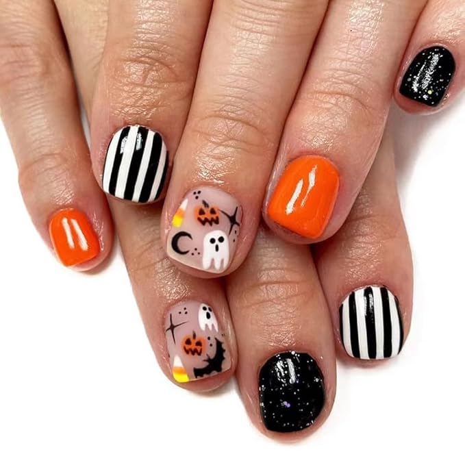 6 Packs (144 Pcs) Halloween Press on Nails Short Square, Almond Press on Nails, with Pumpkins Ghost Spider Web Design Stick on Fake Nails for Women - 12 Sizes, 6Styles