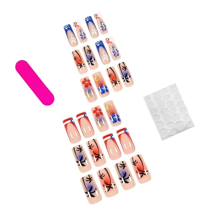 Summer Press on Nails Long Square Fake Nails Plame Tree False Nails with Design Cute Flower Glossy Glue on Nails French Tip Stick on Nails for Women Nail Art Decoration 24 Pcs