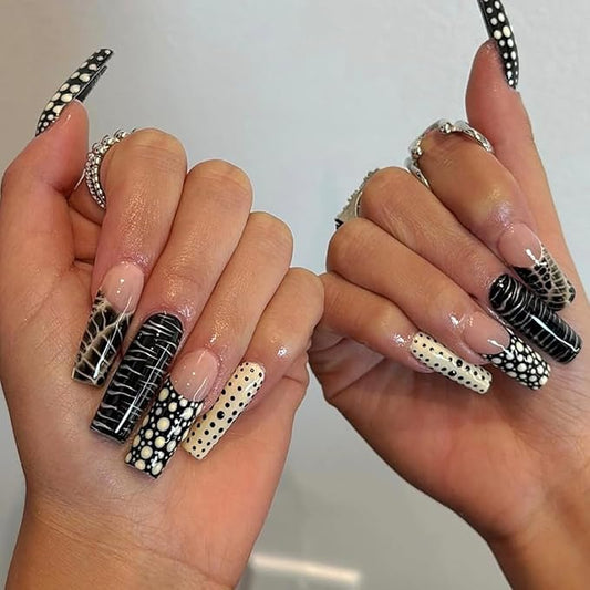 Long Square Press on Nails Polka Dot Fake Nails French Tip False Nails Black Crocodile Design Full Cover Glossy Glue on Nails for Women 24PCS