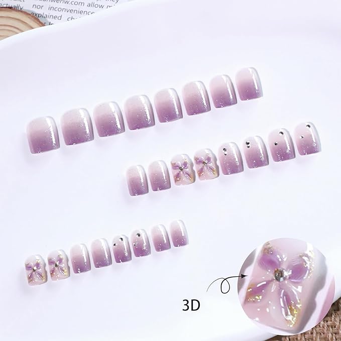 24Pcs 3D Flower Press on Nails Silver Glitter Stick on Fingernails Glossy Purple Gradient Acrylic Fake Nail Rhinestones Short Square False Nails Pearls Gel Glue on Nail for Coquette Women Girls