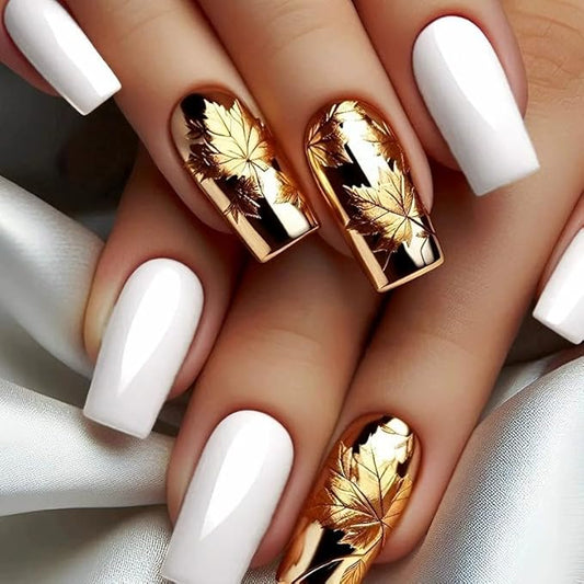 Gold Press on Nails Medium Square Fake Nails Leaf Acrylic Nails Fall False Nails Glossy Glue on Nails White Stick on Nails Luxury Artificial Nails for Women Girls Manicure 24Pcs