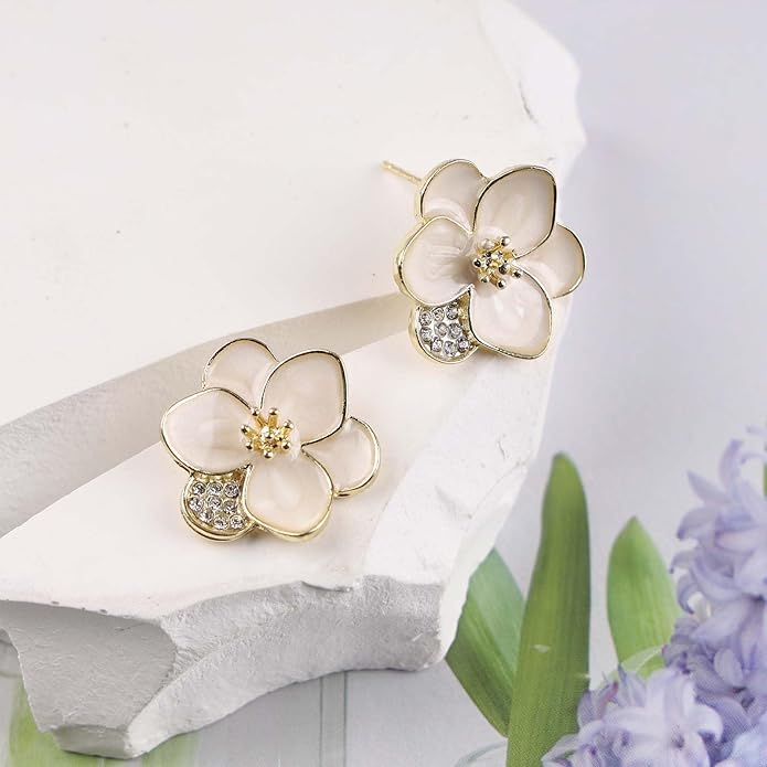 Vintage Enamel Flower Stud Earrings Camellia Flower Earrings Gold Crystal Flower Petal Earrings White Petal Stud Earrings Jewelry for Women