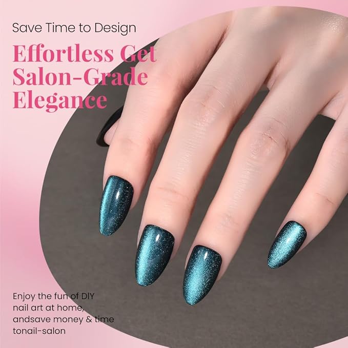 evpct Dark Blue Press on Nails Almond Short, Sapphire Blue Cat Eye Glitter Holographic Press on Nails, Soft Gel Press Glue On Nail with Nail Glue, Full Cover, 30Pcs Reusable Acrylic Fake Nails Kit