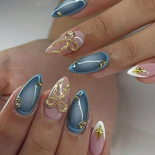 24Pcs Almond Press on Nails Medium Fake Nails with Gold Bow Designs French Tip False Nails 3D Bows Star Charms Blue Glue on Nails Full Cover Artificial Nail for Women Manicure Decoration