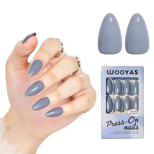 Grey Press On Nails Almond Shape, WOOYAS Glossy Fake Nails Press-ons Kit, Handmade Glue On Nails Medium Length Reusable Soft Gel False Nails Almond Stick On Nails for Women Girls, Dark Grey Blue