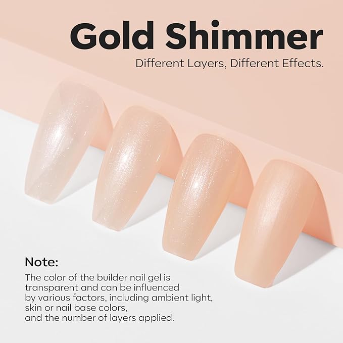 modelones Builder Nail Gel, 8-in-One Gold Shimmer Builder, Champagne Sparkle Glitter Rubber Color Base Gel Polish LED Lamp Cured, Apex Building Strengthener Extension for Home DIY Salon Girls