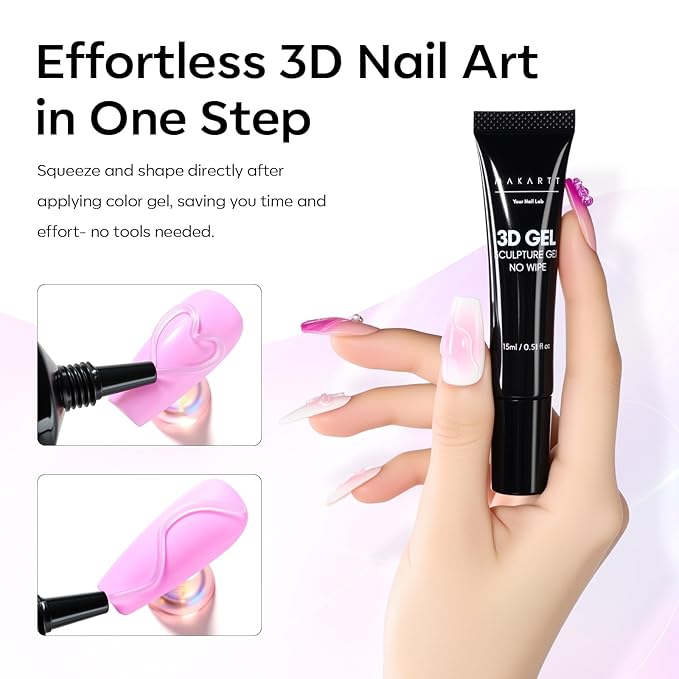 Makartt 3D Gel Nail Art for Sculpting: 3-in-1 Multi-Functional 15g Clear 3D Nail Gel for Molding & Painting Nails Designs, No Wipe Nail Glue for Rhinestones, Chrome Powder & DIY Manicure