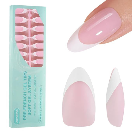 Vansiho French Gel Nail Tips, 150Pcs Medium Almond Gel Nail Tips, Pink French Tips Press on Nails, Soft French Gel Tips, Fake Nails for Nail Art DIY 15 Sizes