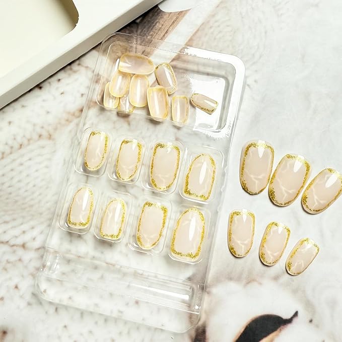Medium Almond Press on Nails Nude Fake Nails with Gold Glitter Design Acrylic Nails Press ons Full Cover Marble Stripes Stick on Nails Reusable Glossy Glue on Nails for Women Girls Manicure 24Pcs