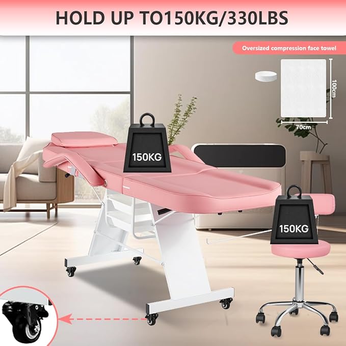 Tattoo Chair for Client Facial Chair with Wheels 73inch Adjustable Tattoo Bed for Artist Massage Table with Stool Facial Bed for Spa Beauty Pink