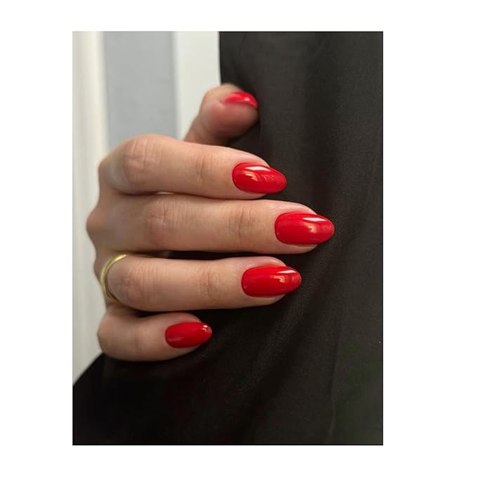 Wooyas Red Press on Nails Almond,Handmade Stiletto Glossy False Nails Reusable Salon Perfect Stick on Nails 24 Pcs Soft Gel Glue On Nails Kit for Women Gift