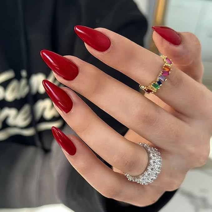 48pcs Wine Red Press-on Nails - Medium Length Almond Shaped, Stiletto False Nails for Women, Thick Natural Acrylic Gel Nails