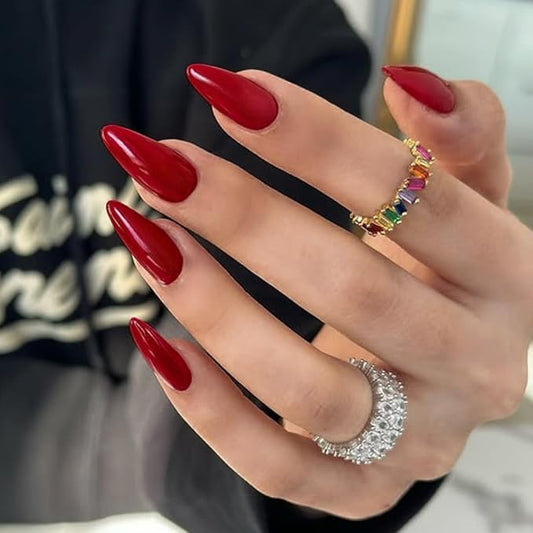 48pcs Wine Red Press-on Nails - Medium Length Almond Shaped, Stiletto False Nails for Women, Thick Natural Acrylic Gel Nails