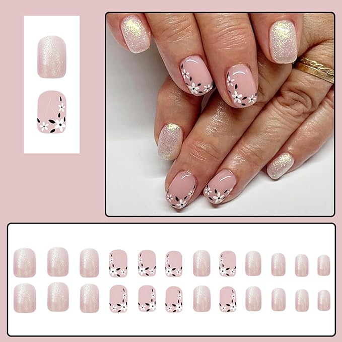 24Pcs Spring Square Press on Nails Short French Tip Fake Nails Small Flower Glue on Nails Glitter Full Cover Acrylic Nails Pink False Nails Cute Stick on Artificial Nails for Women Daily Manicure