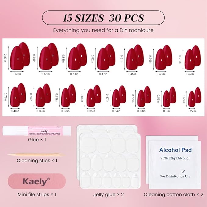 evpct Glossy Press on Nails Short Almond Short for Women, Dark Red Fake Nail with Glue Salon Quality Reusable Stick on Nails In 15 Sizes 30Pcs Full Cover False Nail Soft Gel Set Kit for Gift, 27