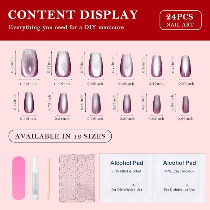 evpct Purple Cat Eye Coffin Press on Nails Square Medium, Medium Square Glue on Nails for Women Gift, Lavender Purple Metallic Glitter Glossy Reusable Summer Gel Press on Fake Nail with Designs, 24Pcs