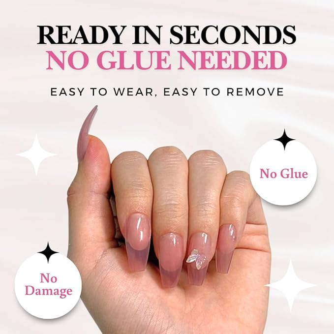 Perfect Look Press On Nails - Rose Wings | No Glue One-Day Glossy Pink Nude Coffin Nails with 3D Butterfly Accents - 24 Pcs Nail Kit with Adhesive Tabs