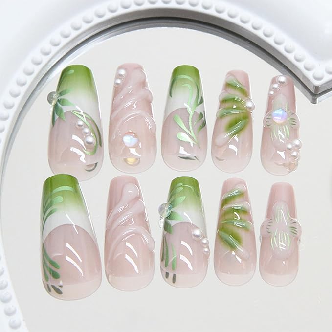 24pcs French Tip Press on Nails Long Coffin Fake Nails with 3D Flower Vines Pearl Designs Summer False Nails Green Floral Stick on Nails 3D Acrylic Nail Tips Full Cover Glue on Nails for Women