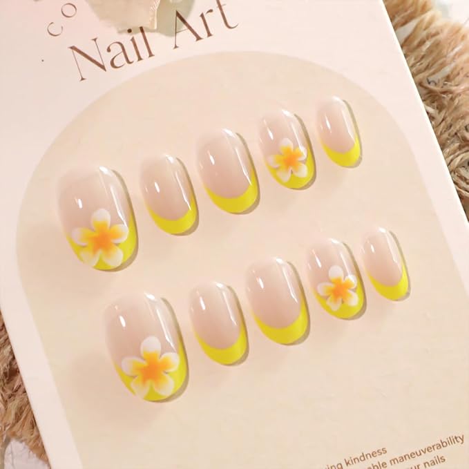 Yellow French Press on Nails with Flower Designs Short Oval Fake Nails Nude Glossy Acrylic Press in Nails Full Cover Stick on Nails for Women Nail Manicure 24 Pcs