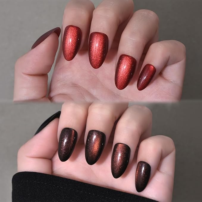 Cat Eye Press on Nails Short Almond - Dark Cherry Red Reddish Brown Shimmer Glossy Press on Nails Women Girls Gift, Soft Gel Press Glue On Nail with Glue Full Cover Reusable Acrylic Fake Nail Kit