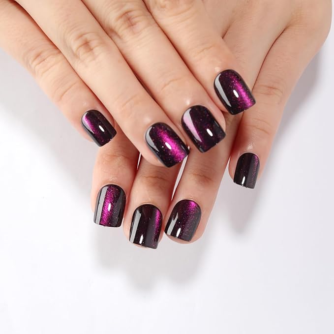 Purple Press On Nails Short Square, Purple to Black Gradient Cat Eye Press on Nails with Glue for Women Ashionable Gel False Nails Reusable Acrylic False Nails Women's Glitter Nails Glue On Nails Kit