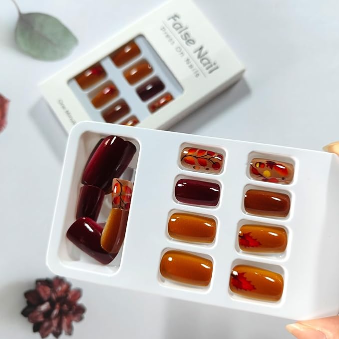 Medium Press on Nails Square Fake Nails with Maple Acorns Design Thanksgiving False Nails Fall Acrylic Nail Kit Stick on Fingernails Autumn Brown Gel Glue on Nail for Women Manicure