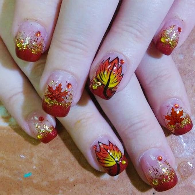 24Pcs Fall Press on Nails Short Square NEWSPIED French Tip Fake Nails with Red Gold Glitter & Maple Leaf Designs Reusable Full Cover Glue on Nails Autumn Thanksgiving Stick on Nails for Women Manicure
