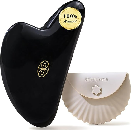 Rena Chris Gua Sha Facial Tools, Ergonomic Black Obsidian Jade Guasha Tool for Face Massage, Manual Facial Massager Tool for Jawline Sculpting and Puffiness Reduction with Silicone Case (Black)