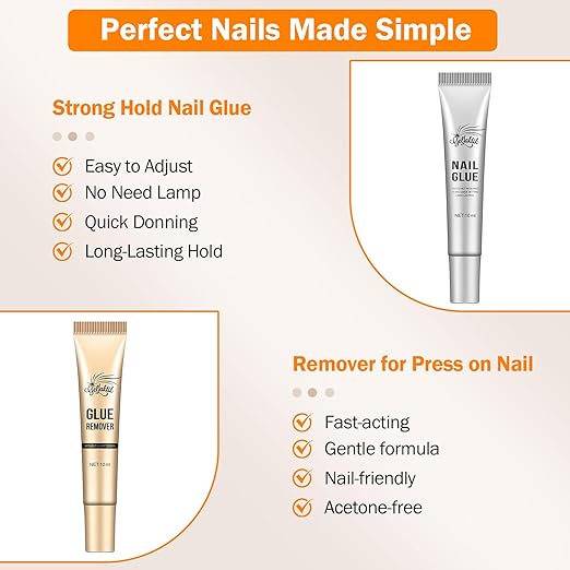 10g Nail Glue for Press On Nails - Super Strong, Quick Drying, Long Lasting Adhesive for Fake Acrylic Nails & Tips, No UV Light Needed, Includes Nail Glue Remover for Press On Tips