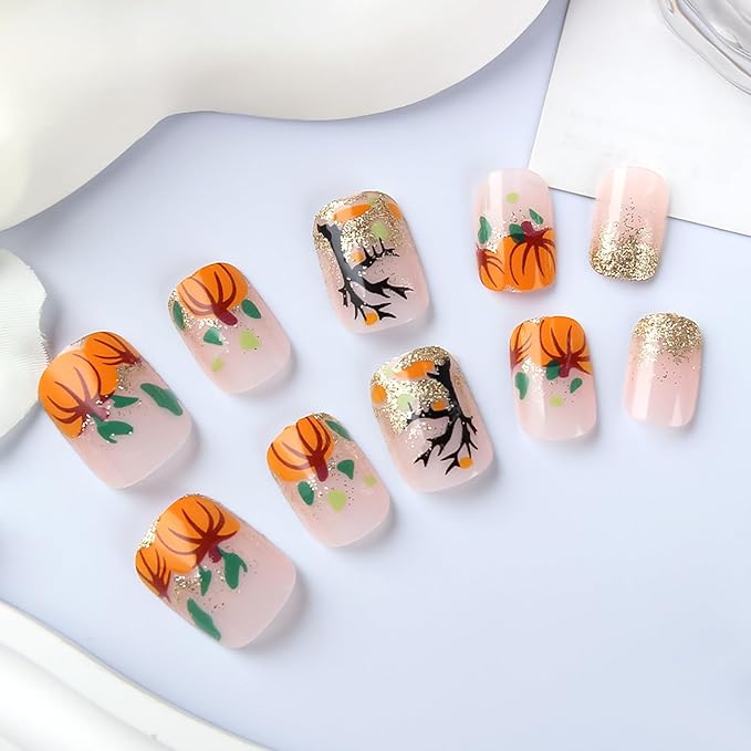 24Pcs Thanksgiving Press on Nails Short Square Fake Nails with Glitter Full Cover Fall Acrylic Nail Halloween Dead Tree Pumpkin False Nail Autumn Leaves Stick on Nails for Women Nail Art Designs
