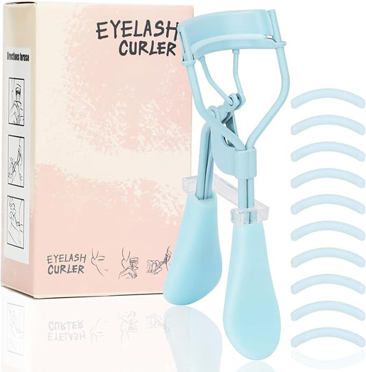 Eyelash Curler with Pads, Lash Curler with 10 Extra Silicone Replacement Pads, Comfortable Grip for Effortless Curling – Eyelashes for The Perfect Eye Contour (Crystal Blue)