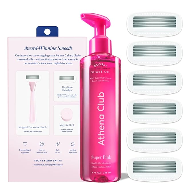 Women's Razor Shave Kit, 1 Rose Razor Handle + 6 Blade Refills + Super Pink Glossy Shave Oil