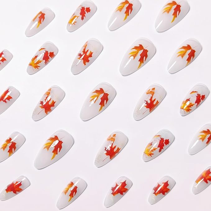 24Pcs Fall Press on Nails Almond Medium Fall Fake Nails Maple Leaves Full Cover Designs Autumn Glue on Nails Thanksgiving Acrylic Nails Glossy Reusable Artificial Stick on Nails Decoration for Women