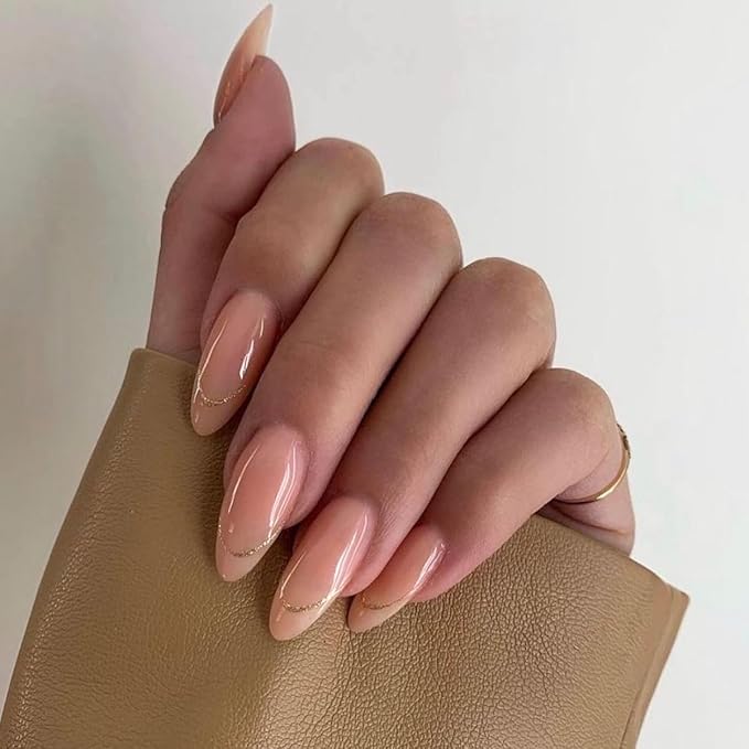 Medium Almond Press on Nails Nude Nature Fake Nails French Tip False Nails with Designs Gold Line Glue on Nails Glossy Full Cover Acrylic Nails Solid Color Stick on Nails for Women 24 Pcs