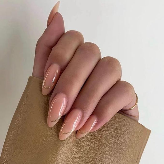 Medium Almond Press on Nails Nude Nature Fake Nails French Tip False Nails with Designs Gold Line Glue on Nails Glossy Full Cover Acrylic Nails Solid Color Stick on Nails for Women 24 Pcs