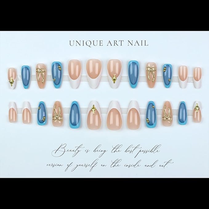 24Pcs Almond Press on Nails Medium Fake Nails with Gold Bow Designs French Tip False Nails 3D Bows Star Charms Blue Glue on Nails Full Cover Artificial Nail for Women Manicure Decoration