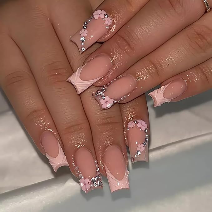 3D Press on Nails Long Square Fake Nails with Rhinestone Accents and Floral Designs Glossy Pink French Tip Glue on Nails Spring Flower Stick on Nails for Women Girls, 24 Pcs