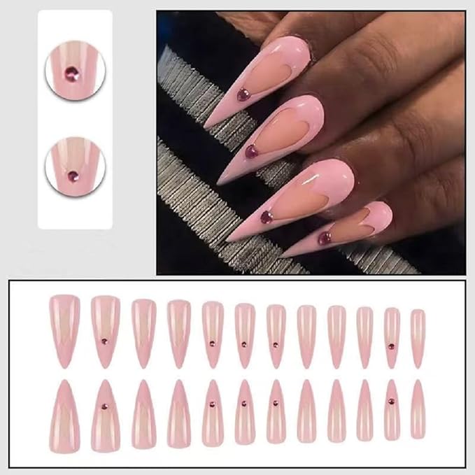 Heart Press on Nails Long Fake Nails Pink Stiletto False Nails Glossy Acrylic Artificial Nails Full Cover Stick on Nail for Women 24 Pcs