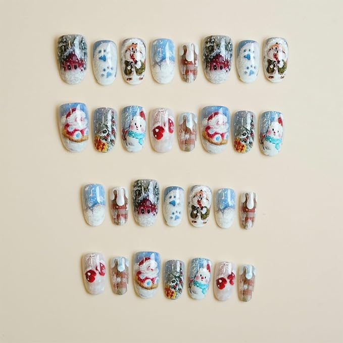 30Pcs Winter Press on Nails Short Oval Almond Christmas Fake Nails with Snowman Santa Claus Xmas Tree Designs Cute Christmas Acrylic Nails Snowflakes Full Cover Stick on Nail for Women Manicure DIY