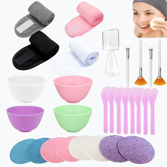 30 Pcs Esthetician Supplies for Facials Set,Facial Care DIY Tools 4 Silicone Facial Bowls 4 Facial Mask Fan Brushes 5 Facial Headbands, 8 Compressed Facial Sponges 8 Mask Applicators 1 Measuring Cups