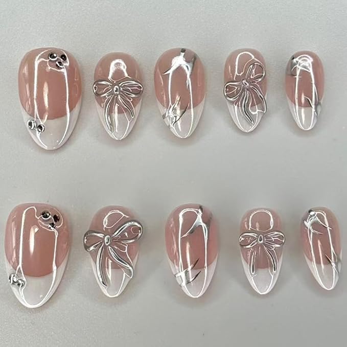 24 Pcs White French Tip Press On Nails Short Almond Fake Nails With Bow Sparkling Diamond Designs Cute False Nails Artificial Glossy Full Cover Stick On Nails for Women and Girls Acrylic Manicure