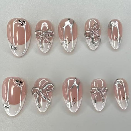 24 Pcs White French Tip Press On Nails Short Almond Fake Nails With Bow Sparkling Diamond Designs Cute False Nails Artificial Glossy Full Cover Stick On Nails for Women and Girls Acrylic Manicure