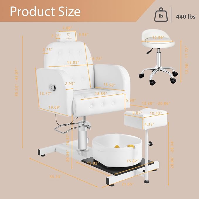 Pedicure Chair with Massage Foot Bath for Nail Tech and Foot Bath, Pedicure Chair 360 ° Rotation Height Adjustable Pedicure Unit Station (450whitekou)