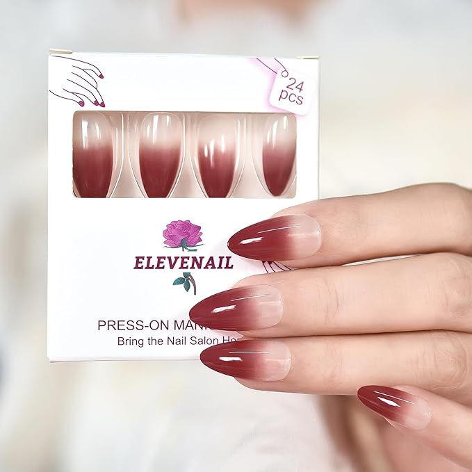 Medium Length Almond Press on False Nails Red Gradient French Fake Nails Salon Manicure Reusable Nails Art Tips DIY at home