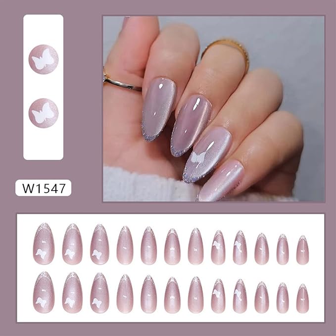 Short Almond Press on Nails 24 Pcs Fake Nails Purple Full Cover Gel Glue on Nails Reusable Acrylic Nails with Silver Glitter Designs Glossy Stick on Nails for Women