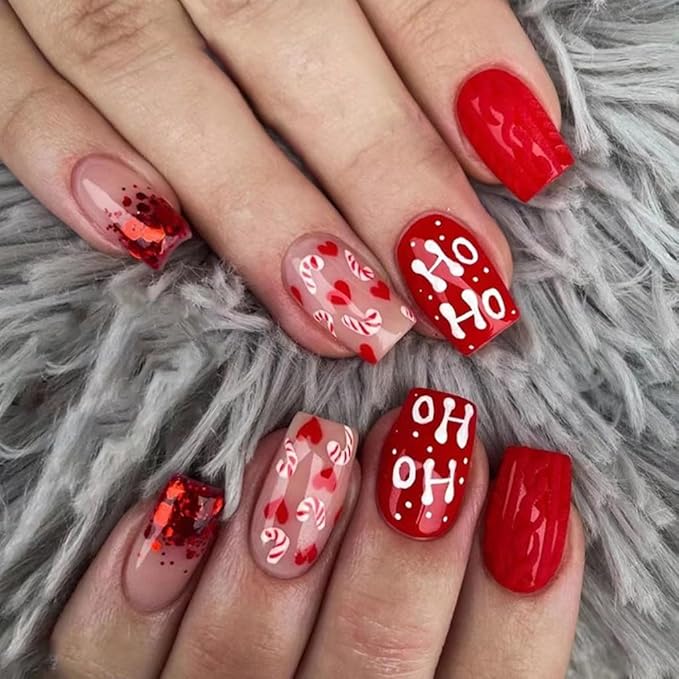 6 Packs (144 Pcs) Christmas Press on Nails - Square, Red, Short, Medium, Snowflake False Nails - Glue on, Fake, Stick on Nails for Women - 12 Sizes, 6 Styles