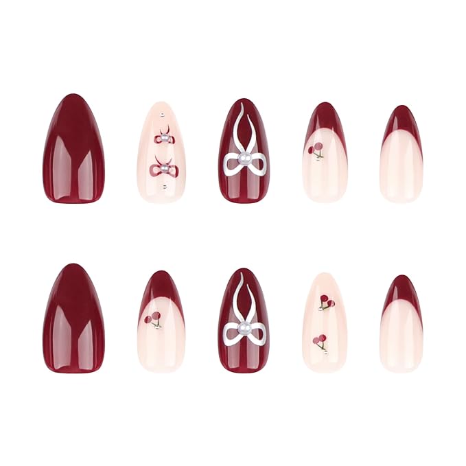 Red French Tip Press on Nails Cherry Fake Nails Short Almond False Nails with Pearl Design Bow Glue on Nails Glossy Artificial Acrylic Full Cover Nude Stick on Nails for Women Manicure 24Pcs