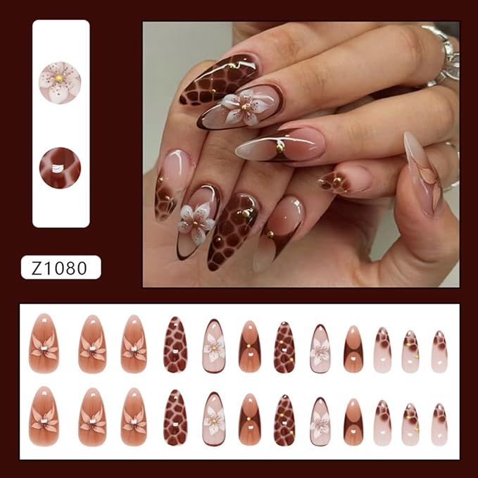 24Pcs Brown Flower Press on Nails Almond Medium Fake Nails with 3D Flower Bead Designs Leopard Brown Acrylic Nails Artificial Glue on Nails Full Cover Fall Stick on Nails for Women