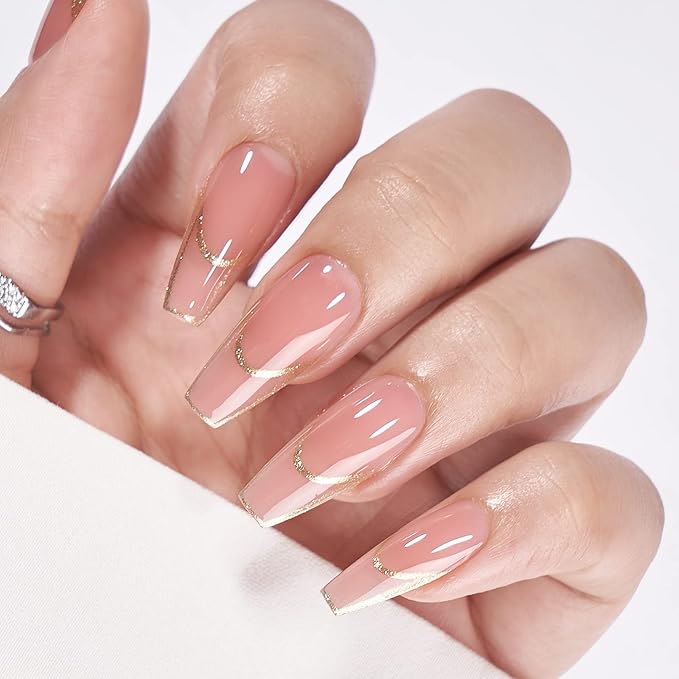 BTArtbox Press on Nails Long - Rose Gold Outline Designed French Tip Press on Nails, Coffin Glue On Nails, Reusable Soft Gel Stick On Nails with Nail Glue in 15 Sizes, Gilded French