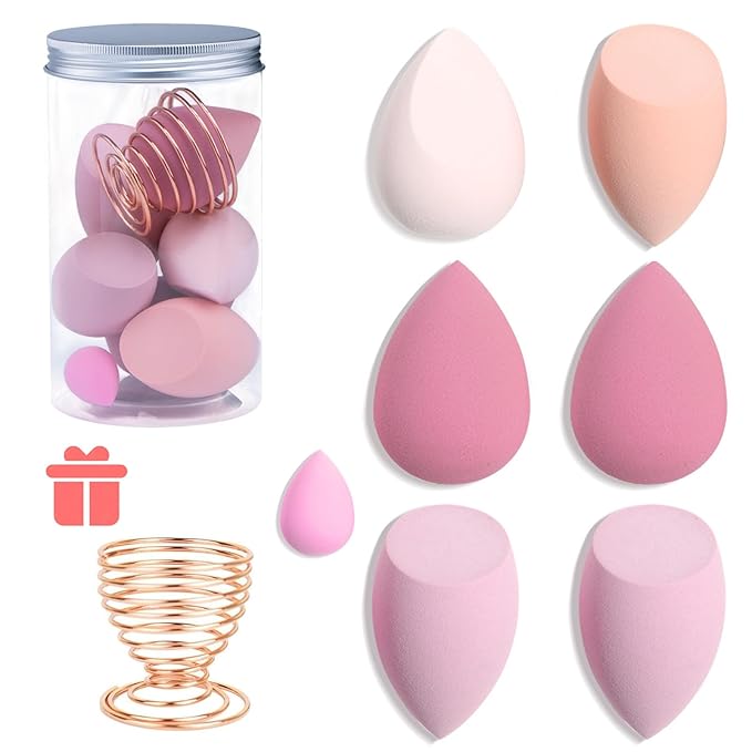 Makeup Sponges Set - Beauty sponges Blending Blenders with 1 Holder and Egg Case, Flawless for Cream, Powder and Liquid (Pink,7Pcs+1Holder+ case)